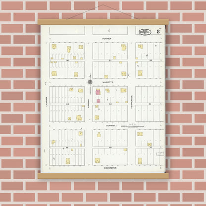 Old map wall art mockup — magnetic wood frame on brick wall — Sanborn Fire Insurance Map from Crowell, Foard County, Texas (1921), Sheet #0008
