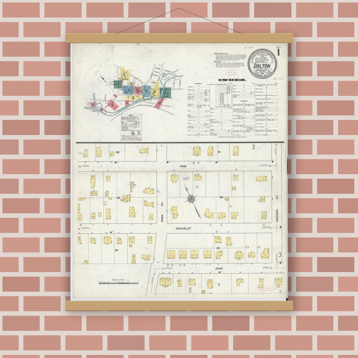 Old map wall art mockup — magnetic wood frame on brick wall — Sanborn Fire Insurance Map from Dalton, Berkshire County, Massachusetts (1911) - Complete Map Set