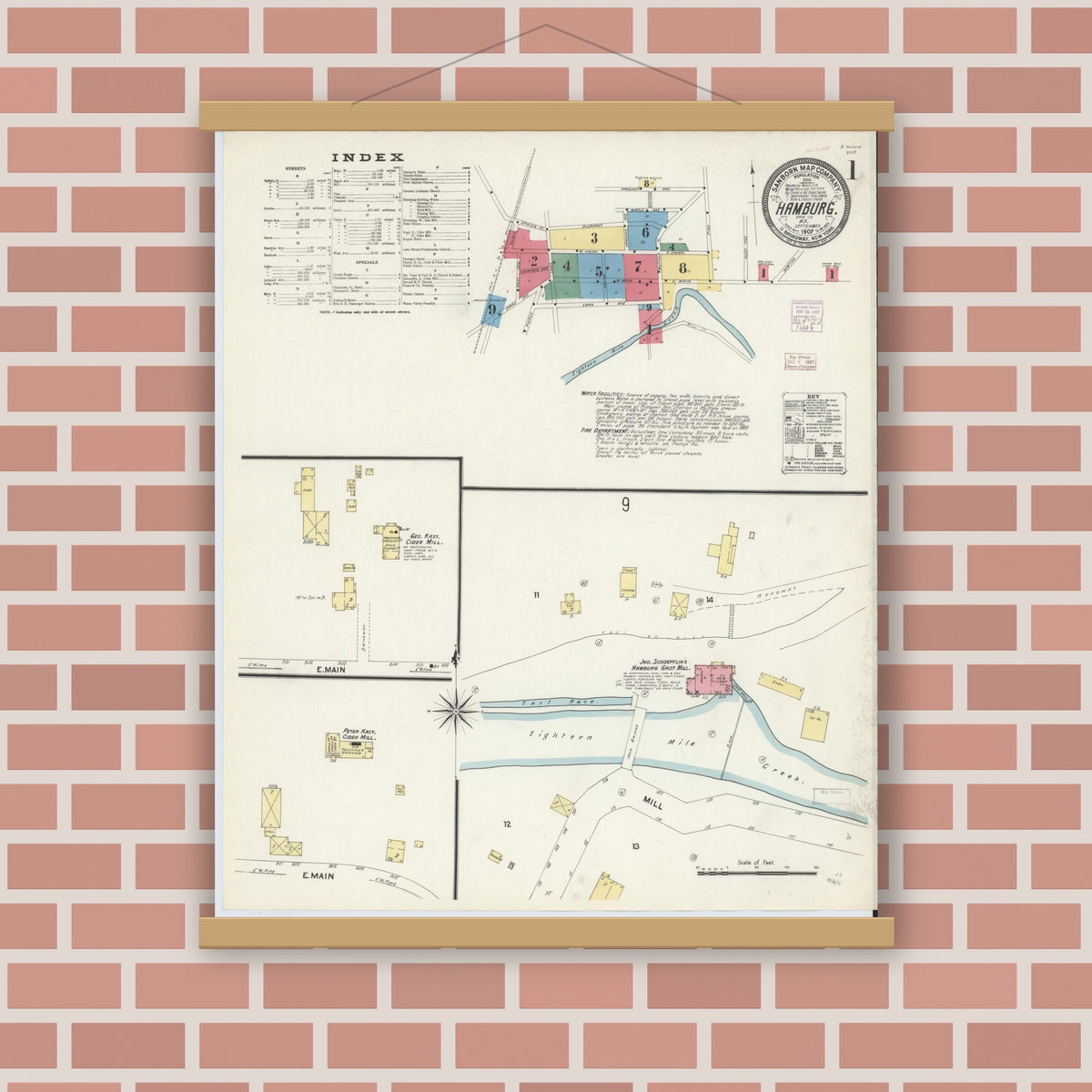 Old map wall art mockup — magnetic wood frame on brick wall — Sanborn Fire Insurance Map from Hamburg, Erie County, New York (1907) - Complete Map Set