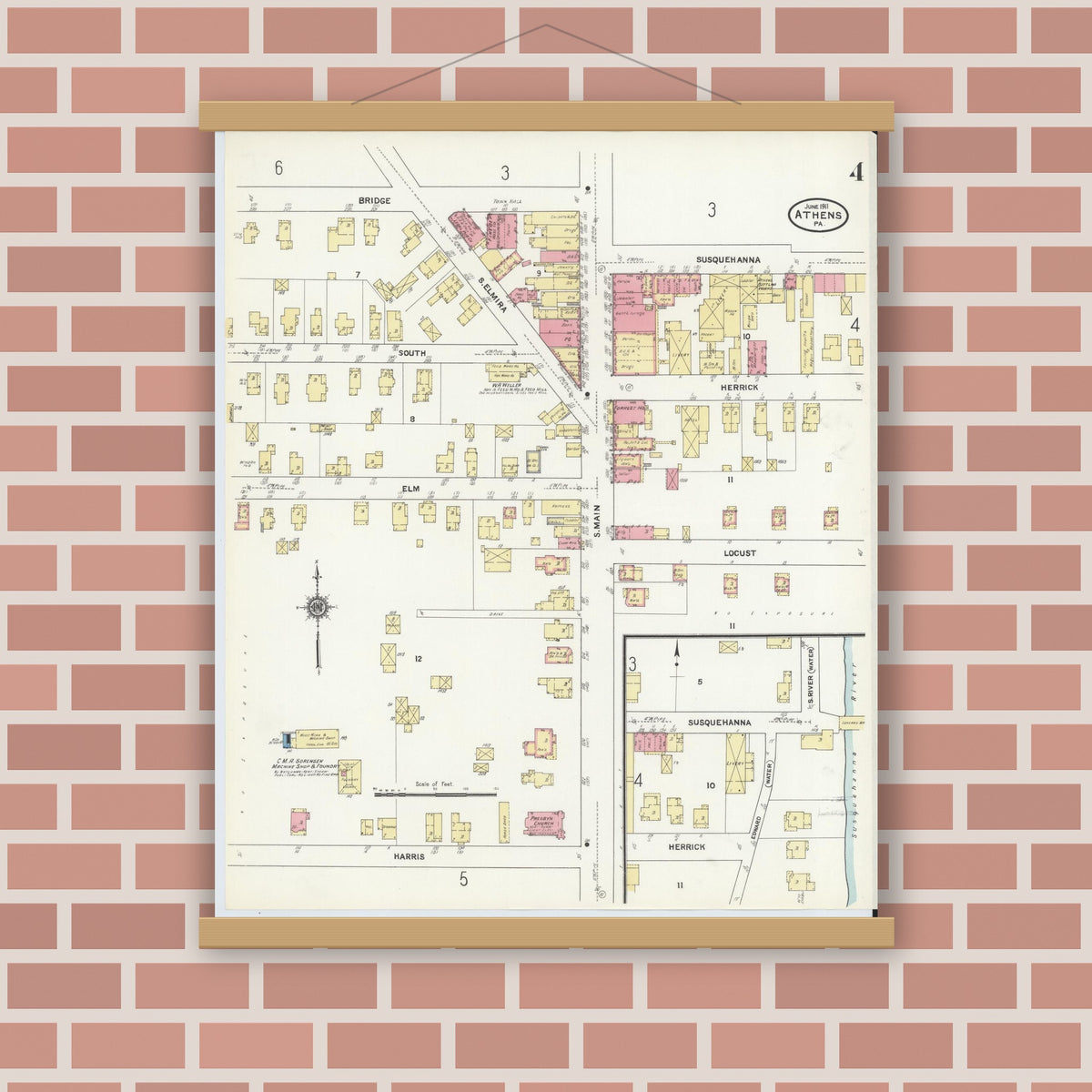 Old map wall art mockup — magnetic wood frame on brick wall — Sanborn Fire Insurance Map from Athens, Bradford County, Pennsylvania (1911), Sheet #0004