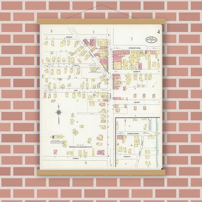 Old map wall art mockup — magnetic wood frame on brick wall — Sanborn Fire Insurance Map from Athens, Bradford County, Pennsylvania (1911), Sheet #0004