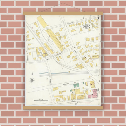 Old map wall art mockup — magnetic wood frame on brick wall — Sanborn Fire Insurance Map from Natick, Middlesex County, Massachusetts (1904), Sheet #0004