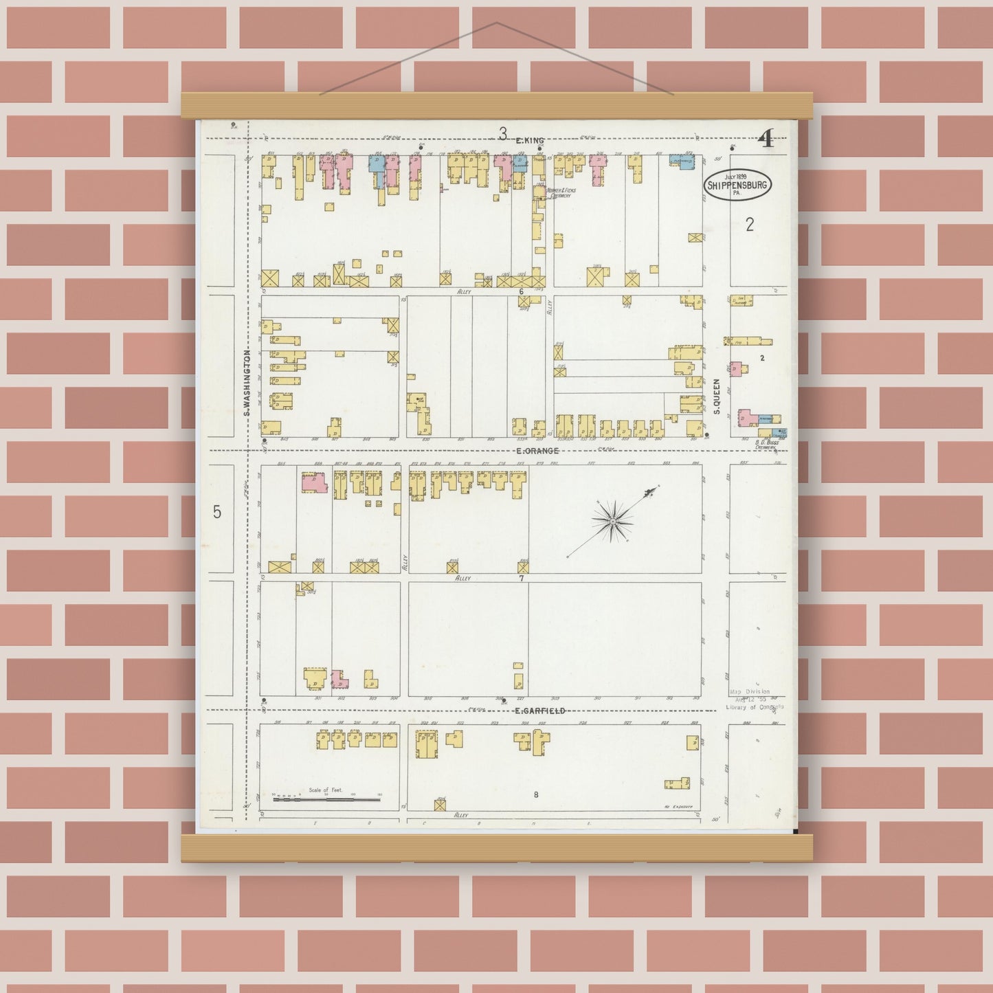 Old map wall art mockup — magnetic wood frame on brick wall — Sanborn Fire Insurance Map from Shippensburg, Cumberland And Franklin Counties, Pennsylvania (1899), Sheet #0004