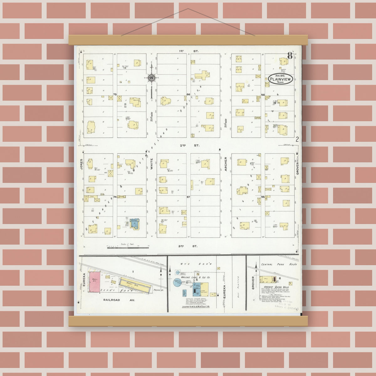 Old map wall art mockup — magnetic wood frame on brick wall — Sanborn Fire Insurance Map from Plainview, Hale County, Texas (1910), Sheet #0008