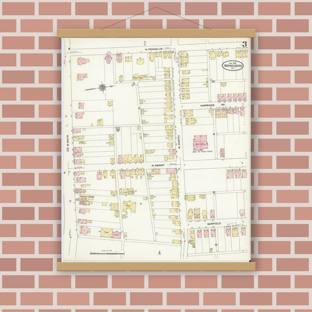 Old map wall art mockup — magnetic wood frame on brick wall — Sanborn Fire Insurance Map from Waynesboro, Franklin County, Pennsylvania (1910), Sheet #0003