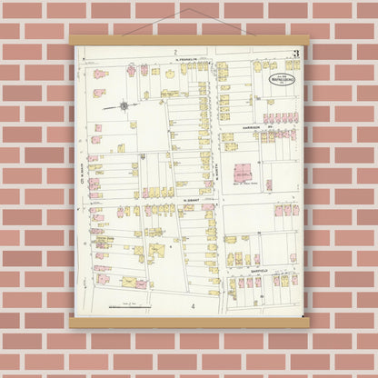 Old map wall art mockup — magnetic wood frame on brick wall — Sanborn Fire Insurance Map from Waynesboro, Franklin County, Pennsylvania (1910), Sheet #0003