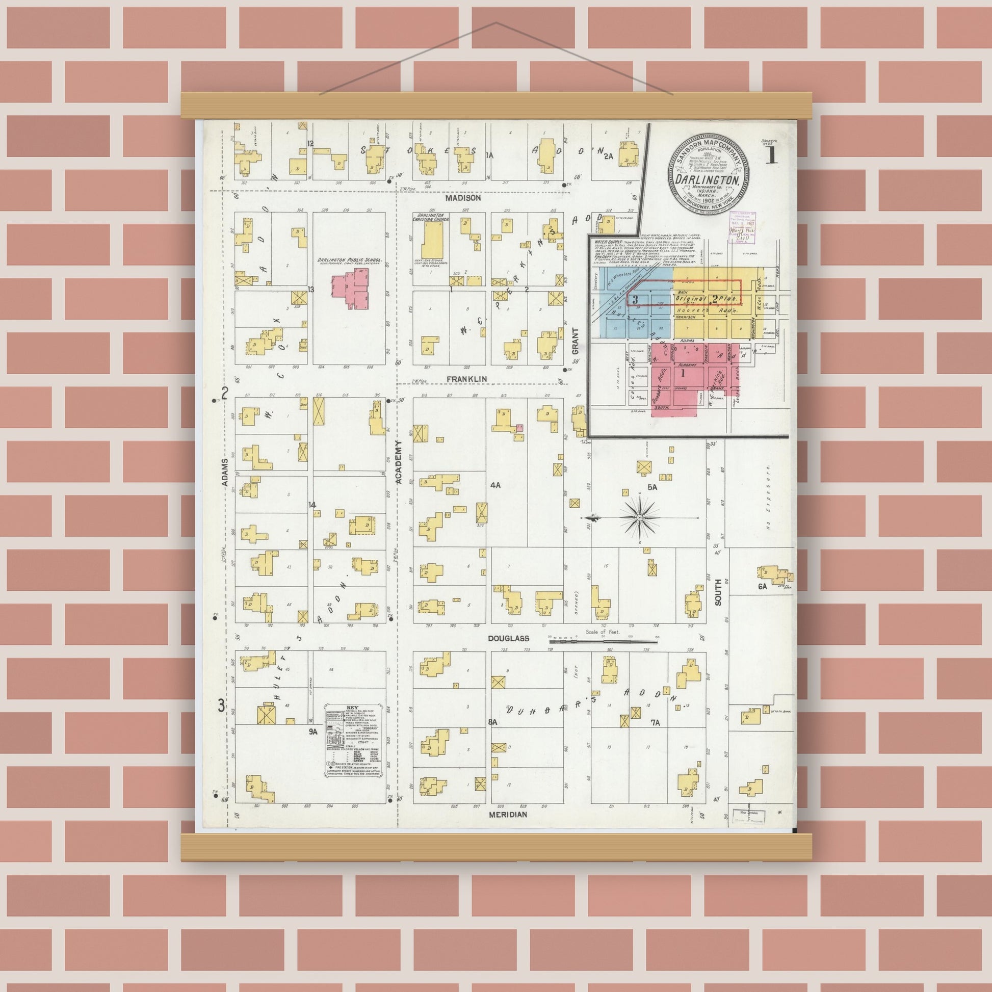 Old map wall art mockup — magnetic wood frame on brick wall — Sanborn Fire Insurance Map from Darlington, Montgomery County, Indiana (1902) - Complete Map Set