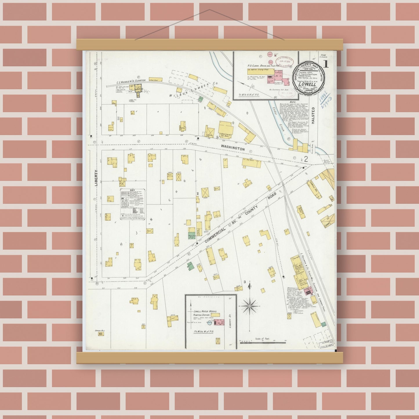 Old map wall art mockup — magnetic wood frame on brick wall — Sanborn Fire Insurance Map from Lowell, Lake County, Indiana (1899) - Complete Map Set