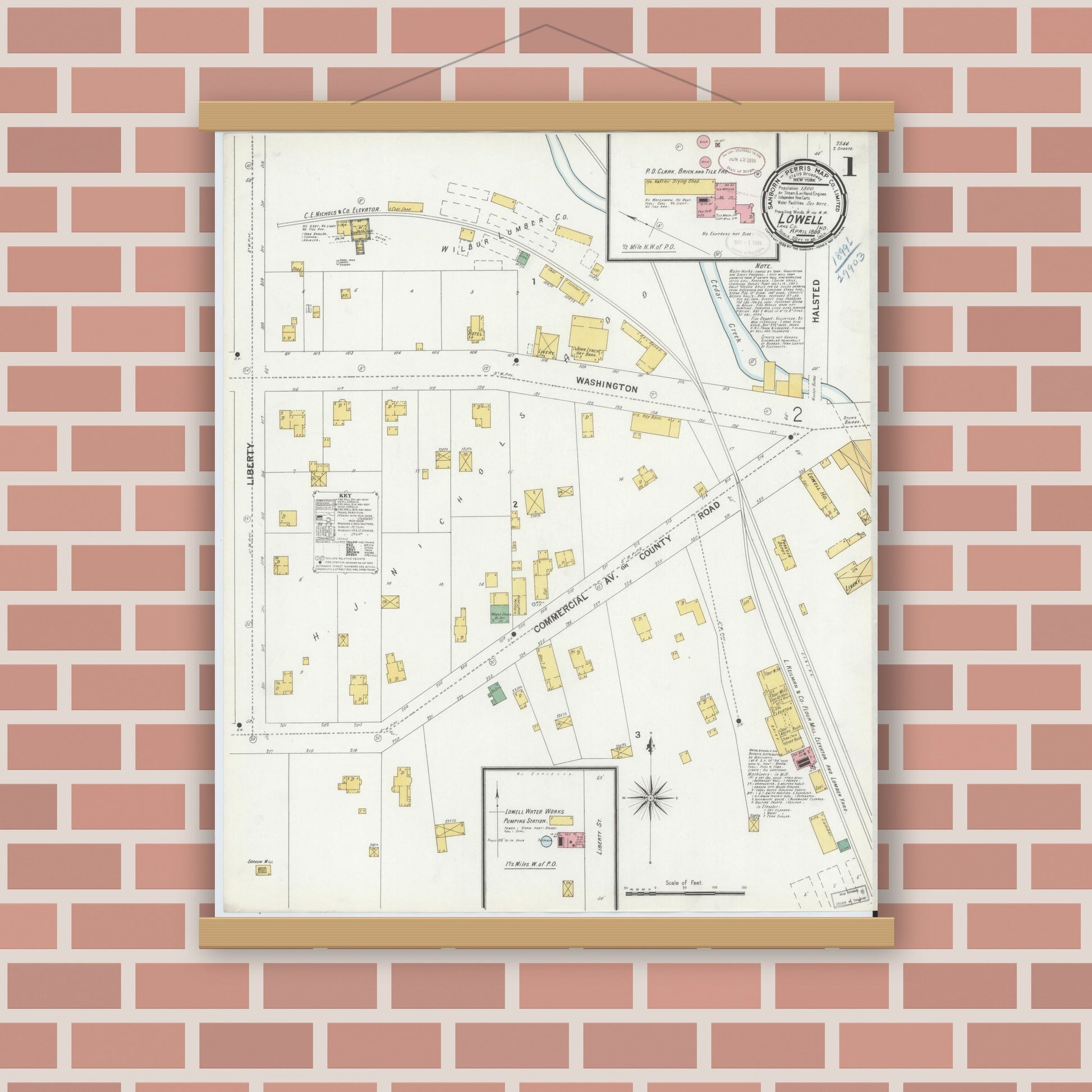 Old map wall art mockup — magnetic wood frame on brick wall — Sanborn Fire Insurance Map from Lowell, Lake County, Indiana (1899) - Complete Map Set