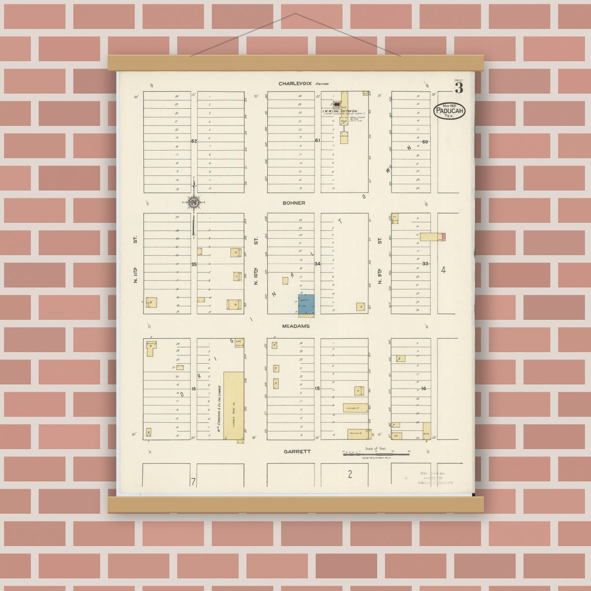Old map wall art mockup — magnetic wood frame on brick wall — Sanborn Fire Insurance Map from Paducah, Cottle County, Texas (1921), Sheet #0003