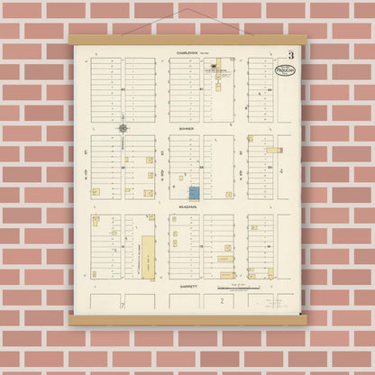 Old map wall art mockup — magnetic wood frame on brick wall — Sanborn Fire Insurance Map from Paducah, Cottle County, Texas (1921), Sheet #0003