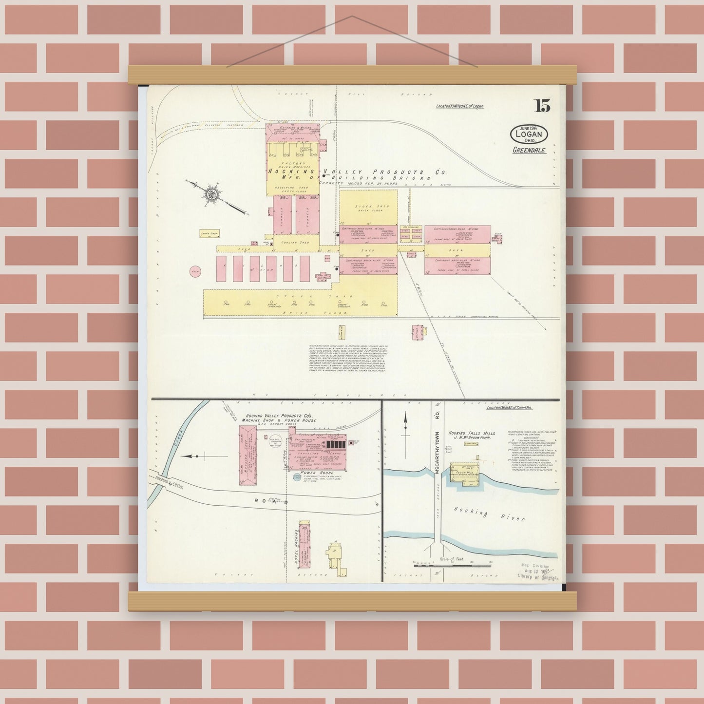 Old map wall art mockup — magnetic wood frame on brick wall — Sanborn Fire Insurance Map from Logan, Hocking County, Ohio (1914), Sheet #0015