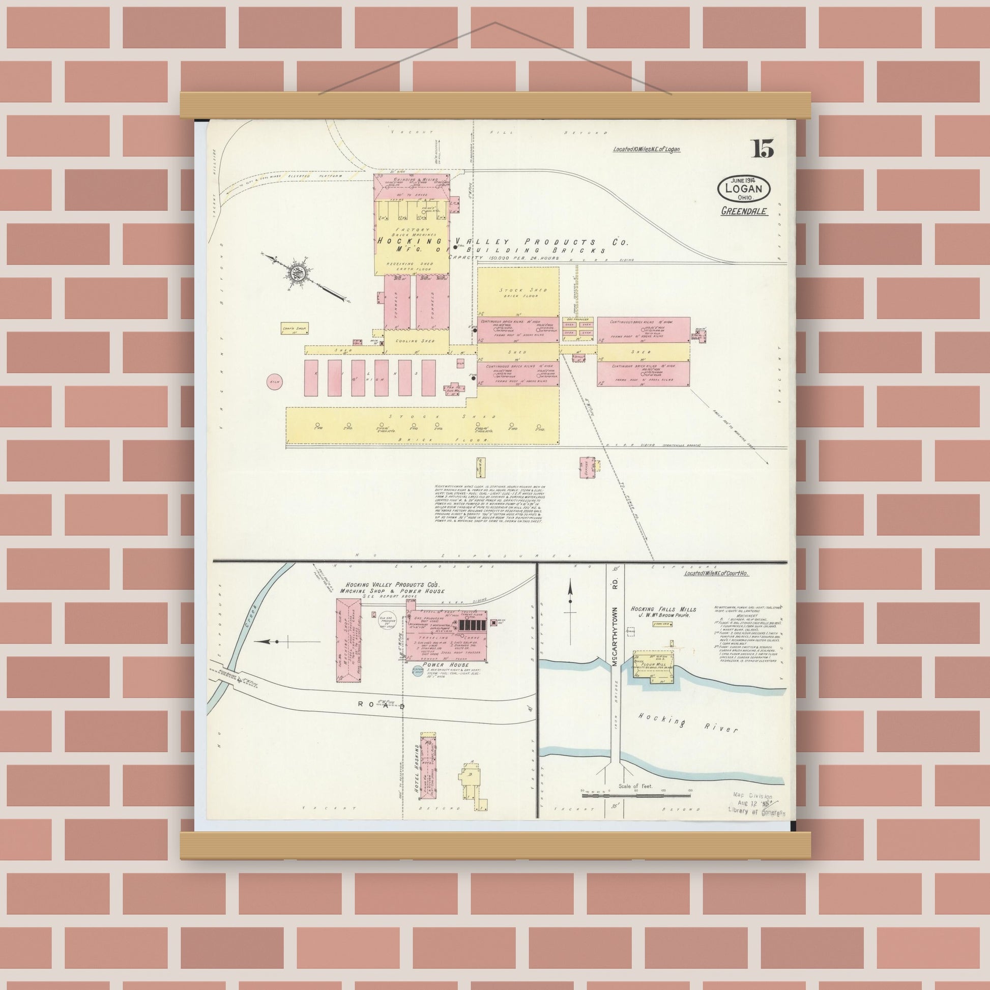 Old map wall art mockup — magnetic wood frame on brick wall — Sanborn Fire Insurance Map from Logan, Hocking County, Ohio (1914), Sheet #0015