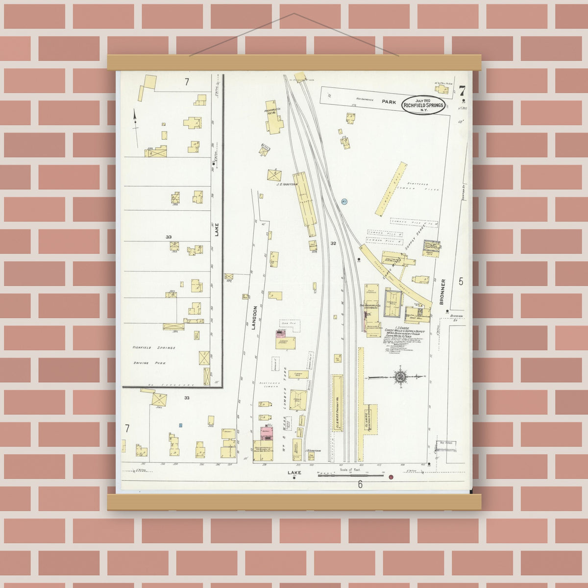 Old map wall art mockup — magnetic wood frame on brick wall — Sanborn Fire Insurance Map from Richfield Springs, Otsego County, New York (1910), Sheet #0007