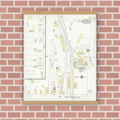 Old map wall art mockup — magnetic wood frame on brick wall — Sanborn Fire Insurance Map from Richfield Springs, Otsego County, New York (1910), Sheet #0007