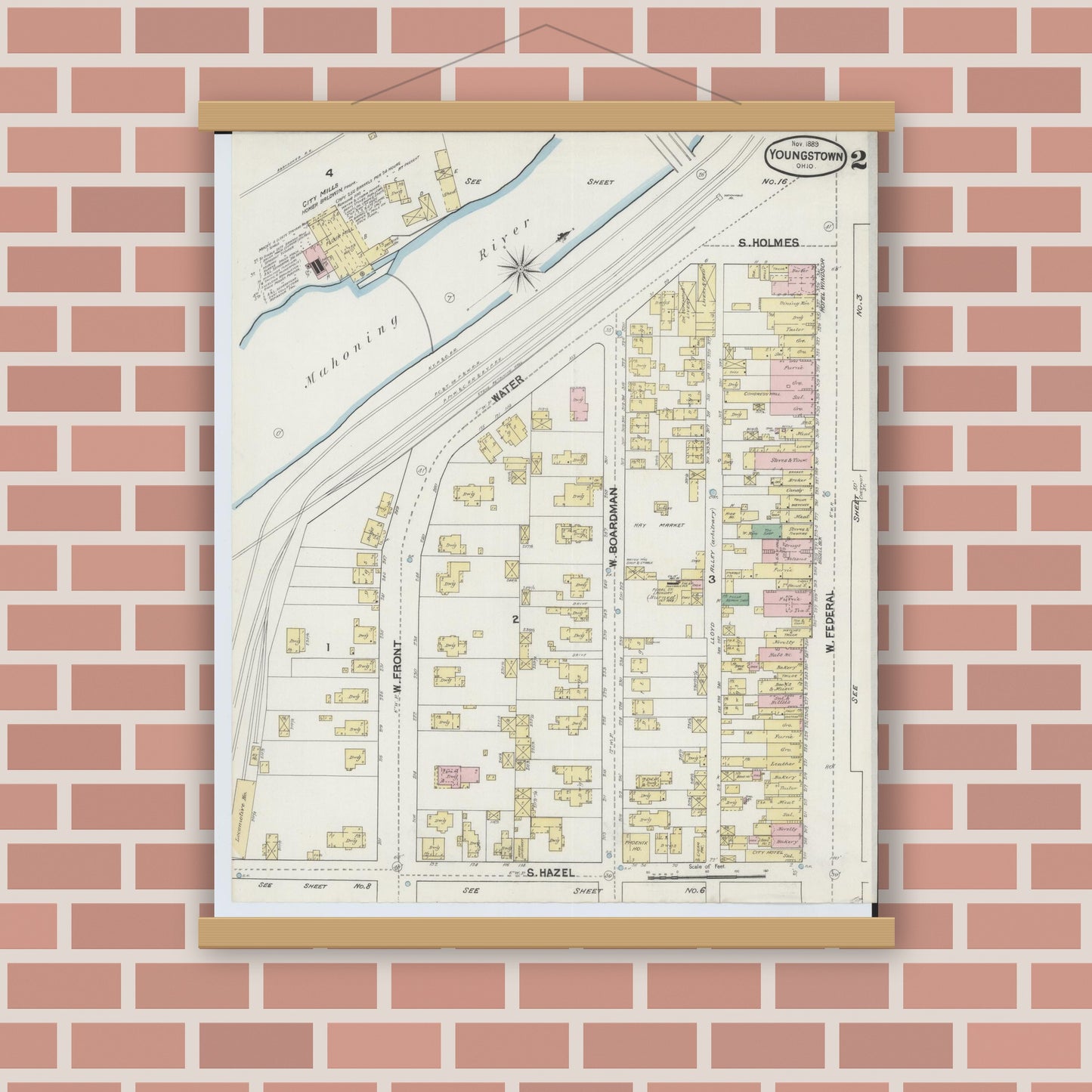 Old map wall art mockup — magnetic wood frame on brick wall — Sanborn Fire Insurance Map from Youngstown, Mahoning County, Ohio (1889), Sheet #0002