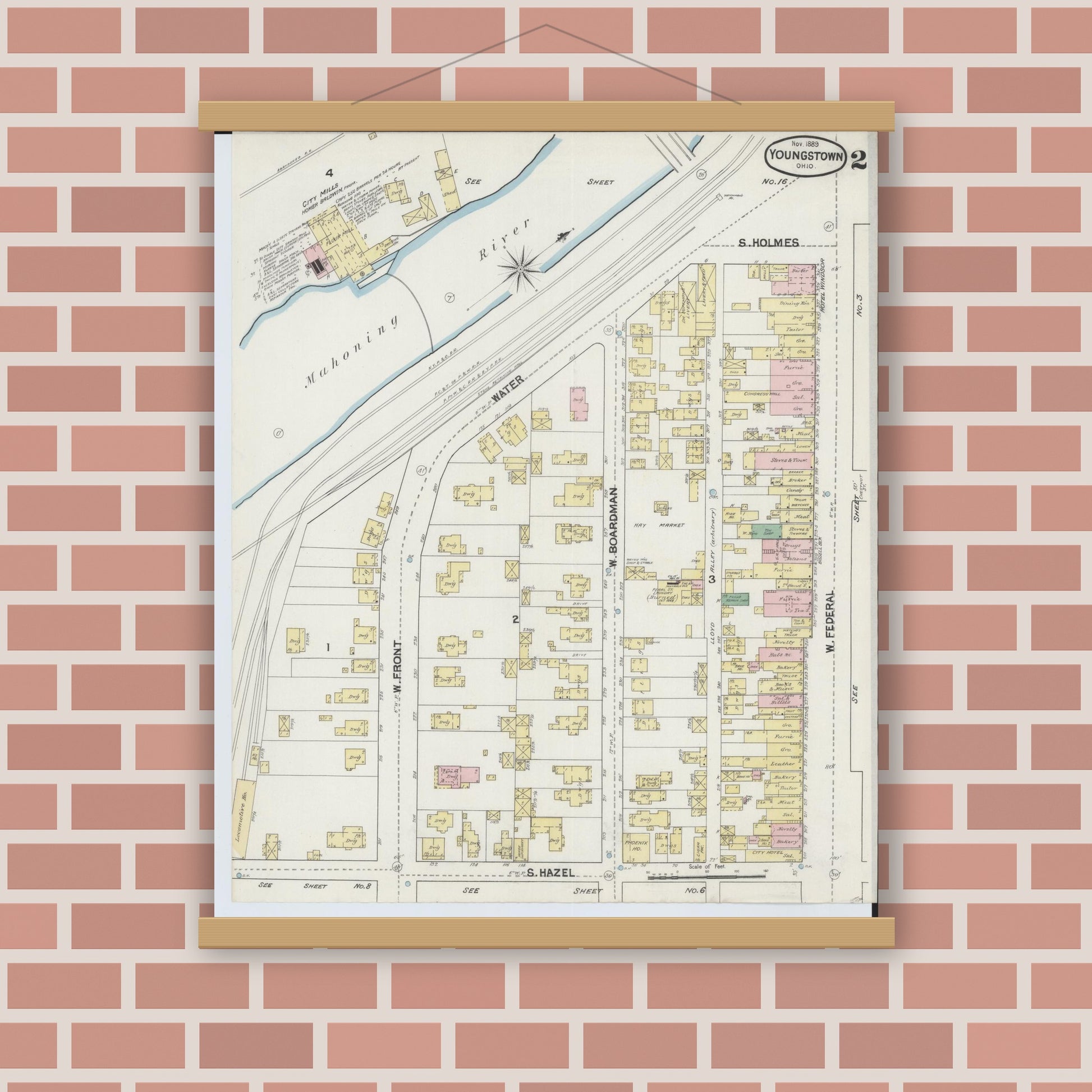 Old map wall art mockup — magnetic wood frame on brick wall — Sanborn Fire Insurance Map from Youngstown, Mahoning County, Ohio (1889), Sheet #0002