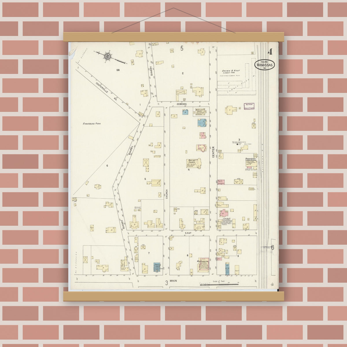 Old map wall art mockup — magnetic wood frame on brick wall — Sanborn Fire Insurance Map from Manassas, Independent Cities, Virginia (1912), Sheet #0004