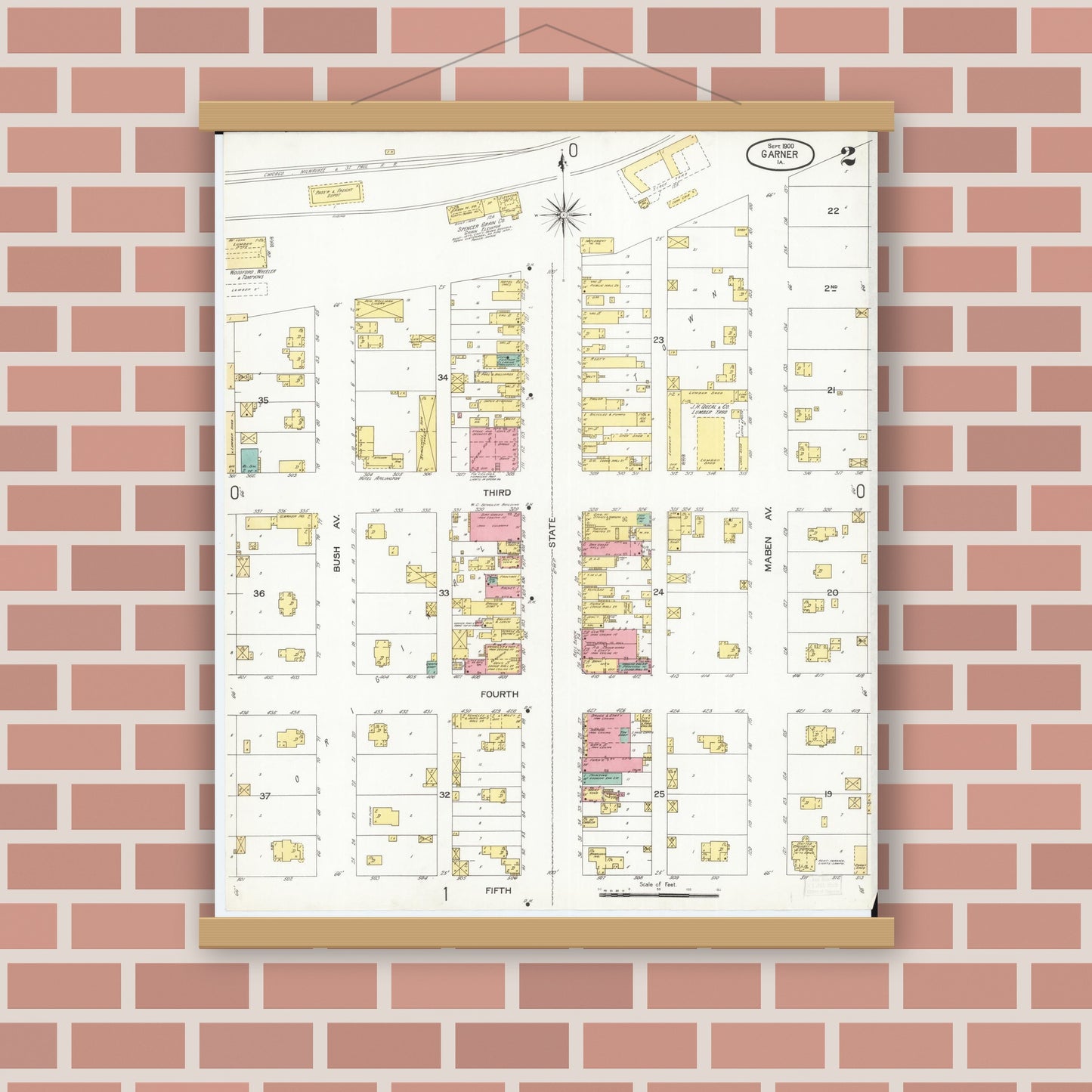 Old map wall art mockup — magnetic wood frame on brick wall — Sanborn Fire Insurance Map from Garner, Hancock County, Iowa (1900), Sheet #0002