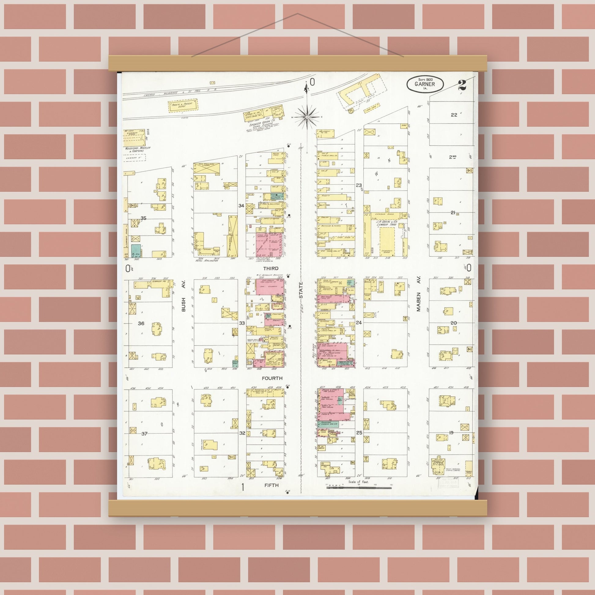 Old map wall art mockup — magnetic wood frame on brick wall — Sanborn Fire Insurance Map from Garner, Hancock County, Iowa (1900), Sheet #0002