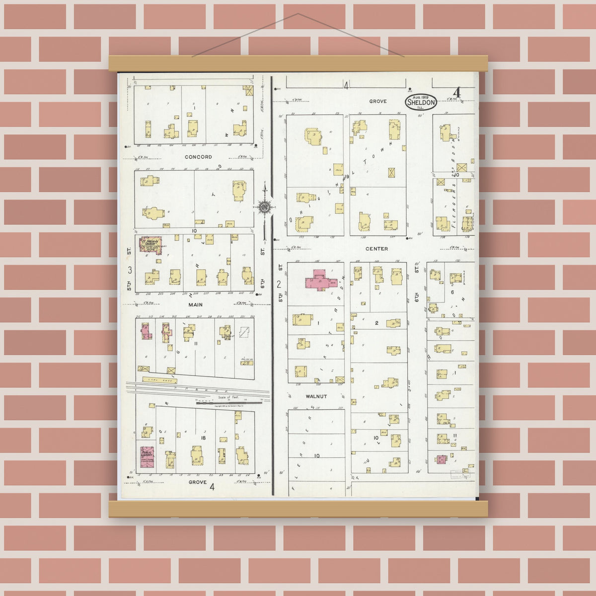 Old map wall art mockup — magnetic wood frame on brick wall — Sanborn Fire Insurance Map from Sheldon, Iroquois County, Illinois (1919), Sheet #0004