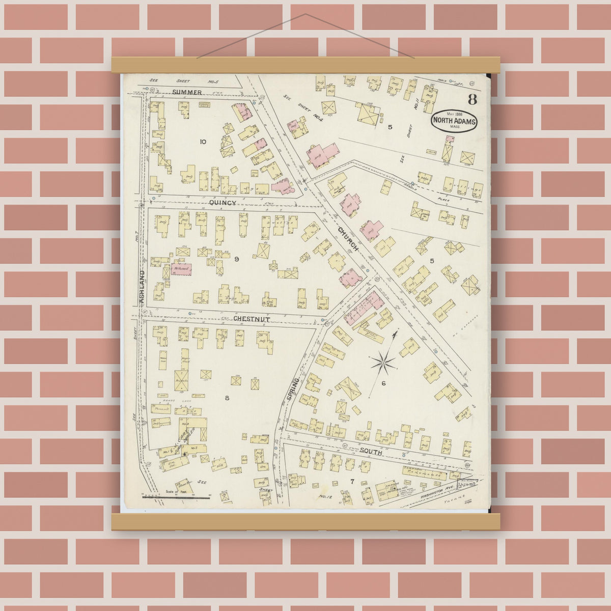 Old map wall art mockup — magnetic wood frame on brick wall — Sanborn Fire Insurance Map from North Adams, Berkshire County, Massachusetts (1888), Sheet #0008