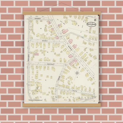 Old map wall art mockup — magnetic wood frame on brick wall — Sanborn Fire Insurance Map from North Adams, Berkshire County, Massachusetts (1888), Sheet #0008