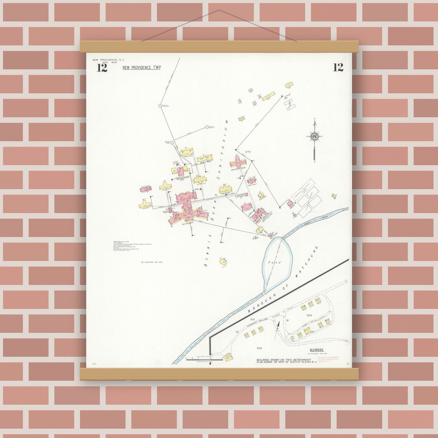 Old map wall art mockup — magnetic wood frame on brick wall — Sanborn Fire Insurance Map from New Providence, Union County, New Jersey (1938), Sheet #0012