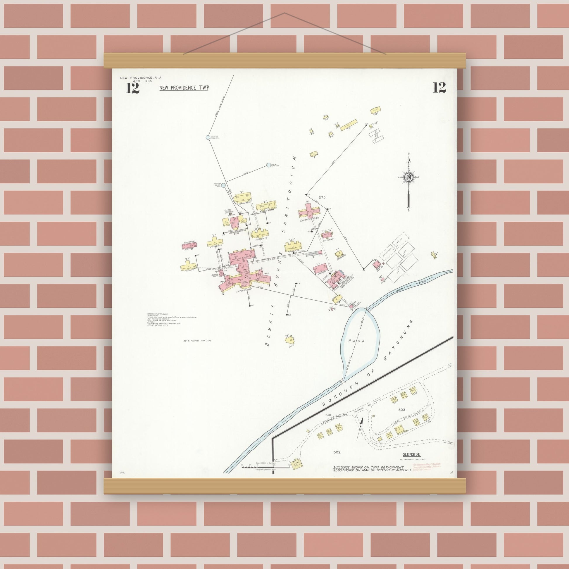Old map wall art mockup — magnetic wood frame on brick wall — Sanborn Fire Insurance Map from New Providence, Union County, New Jersey (1938), Sheet #0012