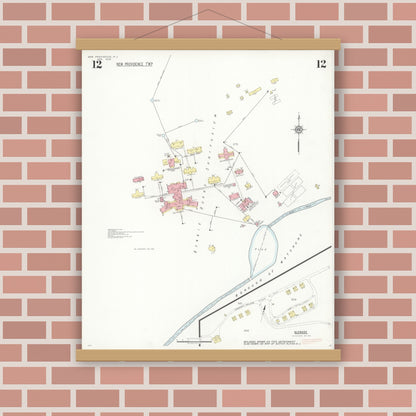 Old map wall art mockup — magnetic wood frame on brick wall — Sanborn Fire Insurance Map from New Providence, Union County, New Jersey (1938), Sheet #0012