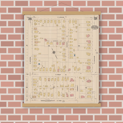 Old map wall art mockup — magnetic wood frame on brick wall — Sanborn Fire Insurance Map from Monroe, Monroe County, Michigan (1922), Sheet #0028