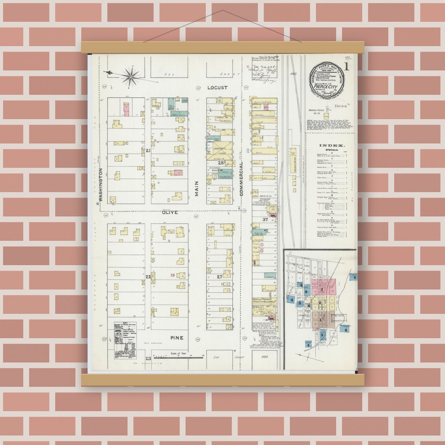 Old map wall art mockup — magnetic wood frame on brick wall — Sanborn Fire Insurance Map from Pierce City, Lawrence County, Missouri (1891) - Complete Map Set