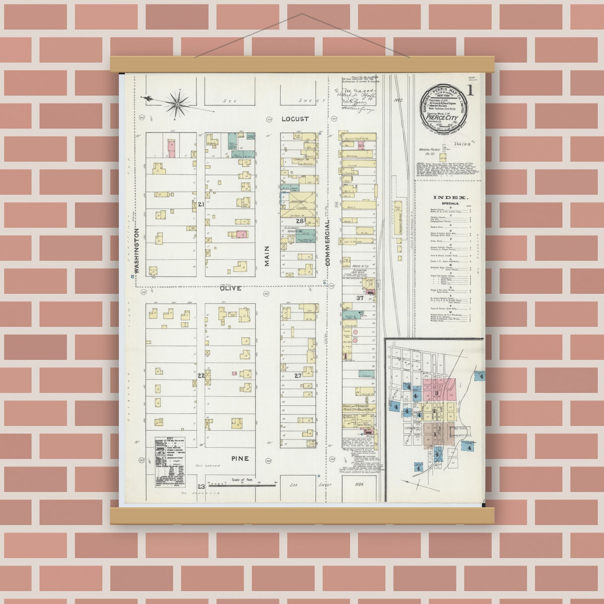 Old map wall art mockup — magnetic wood frame on brick wall — Sanborn Fire Insurance Map from Pierce City, Lawrence County, Missouri (1891) - Complete Map Set