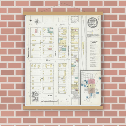 Old map wall art mockup — magnetic wood frame on brick wall — Sanborn Fire Insurance Map from Pierce City, Lawrence County, Missouri (1891) - Complete Map Set