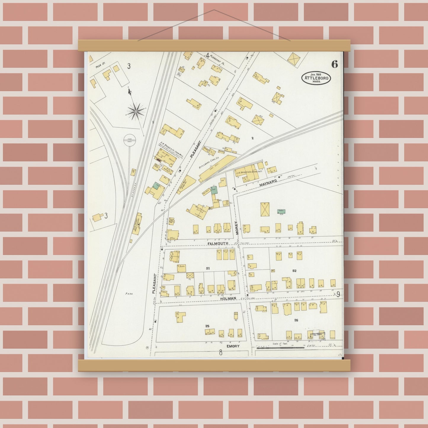 Old map wall art mockup — magnetic wood frame on brick wall — Sanborn Fire Insurance Map from Attleboro, Bristol County, Massachusetts (1905), Sheet #0006