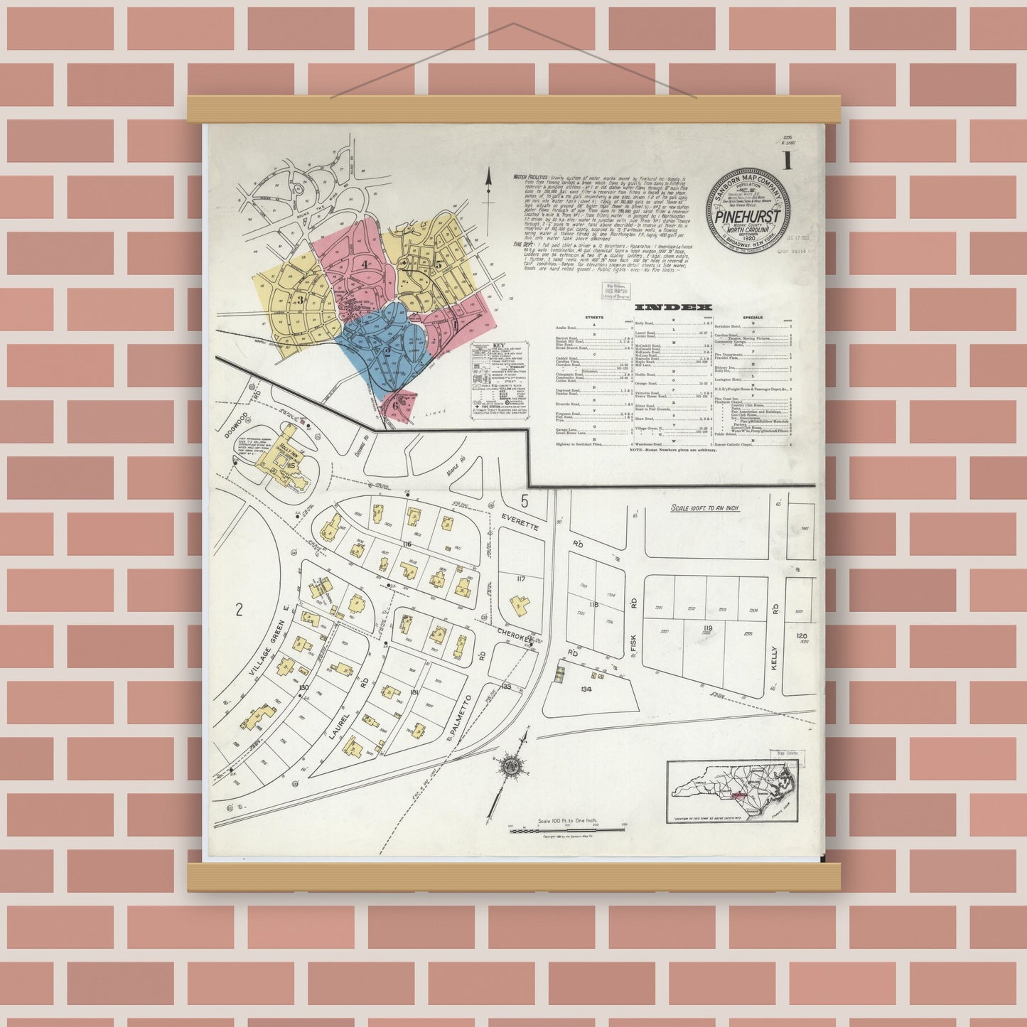 Old map wall art mockup — magnetic wood frame on brick wall — Sanborn Fire Insurance Map from Pinehurst, Moore County, North Carolina (1920) - Complete Map Set