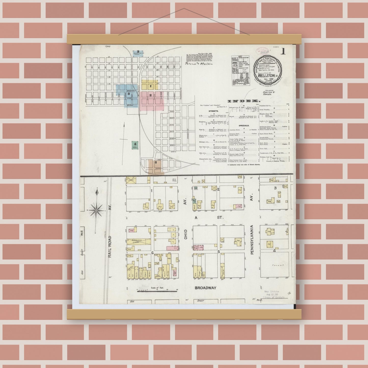 Old map wall art mockup — magnetic wood frame on brick wall — Sanborn Fire Insurance Map from Wellston, Jackson County, Ohio (1888) - Complete Map Set