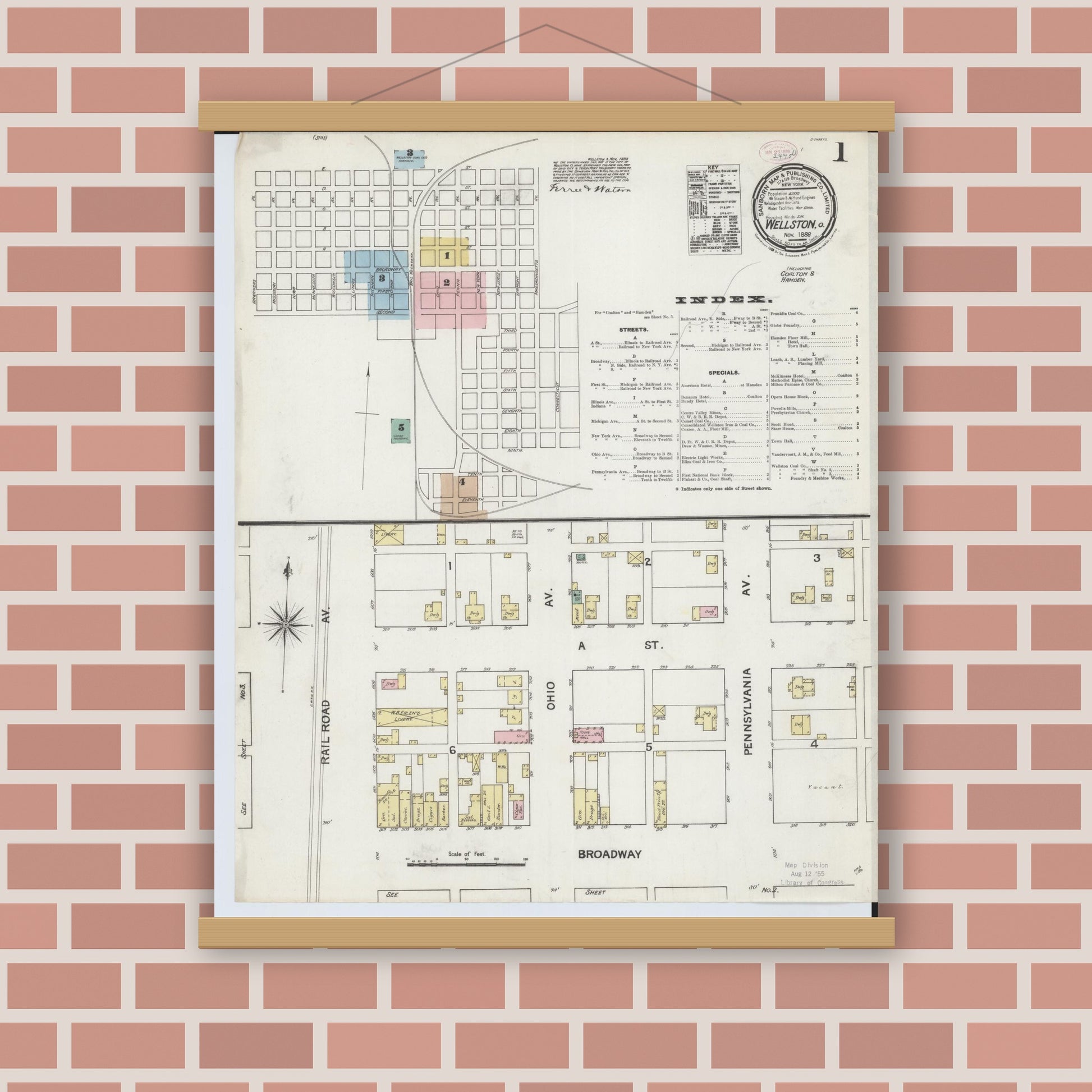 Old map wall art mockup — magnetic wood frame on brick wall — Sanborn Fire Insurance Map from Wellston, Jackson County, Ohio (1888) - Complete Map Set