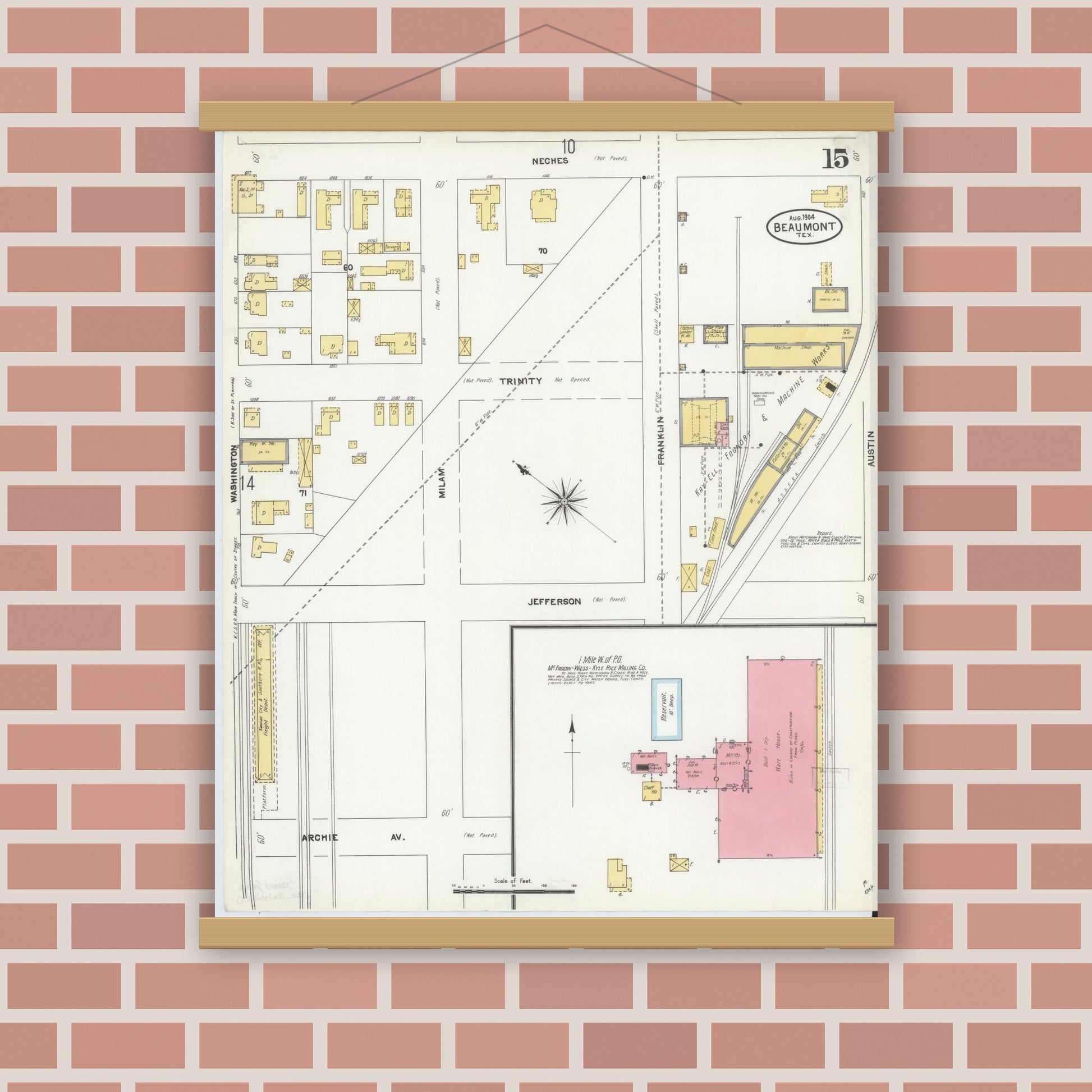 Old map wall art mockup — magnetic wood frame on brick wall — Sanborn Fire Insurance Map from Beaumont, Jefferson County, Texas (1904), Sheet #0015