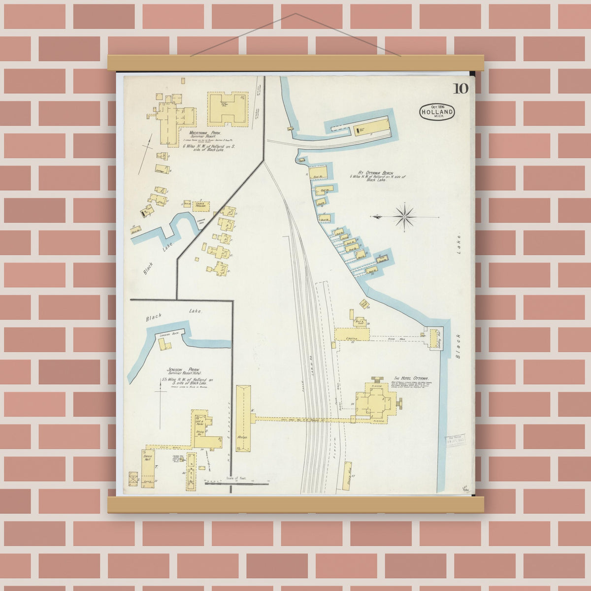 Old map wall art mockup — magnetic wood frame on brick wall — Sanborn Fire Insurance Map from Holland, Ottawa County, Michigan (1896), Sheet #0010