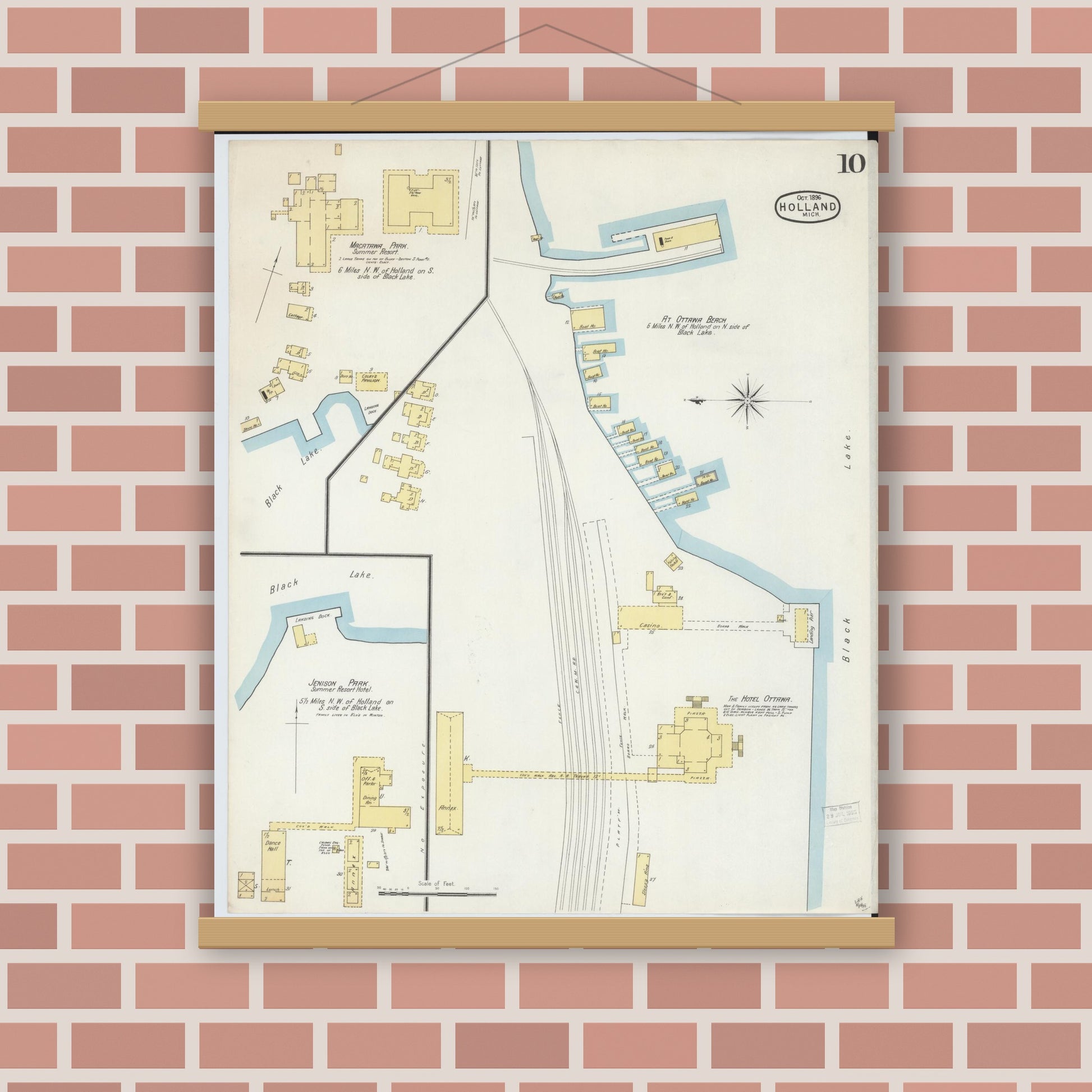 Old map wall art mockup — magnetic wood frame on brick wall — Sanborn Fire Insurance Map from Holland, Ottawa County, Michigan (1896), Sheet #0010