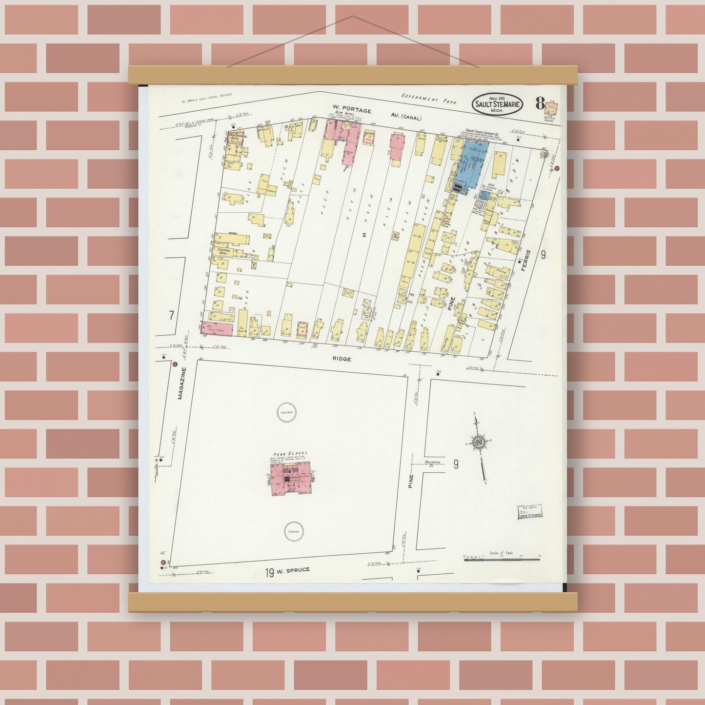 Old map wall art mockup — magnetic wood frame on brick wall — Sanborn Fire Insurance Map from Sault Sainte Marie, Chippewa County, Michigan (1915), Sheet #0008
