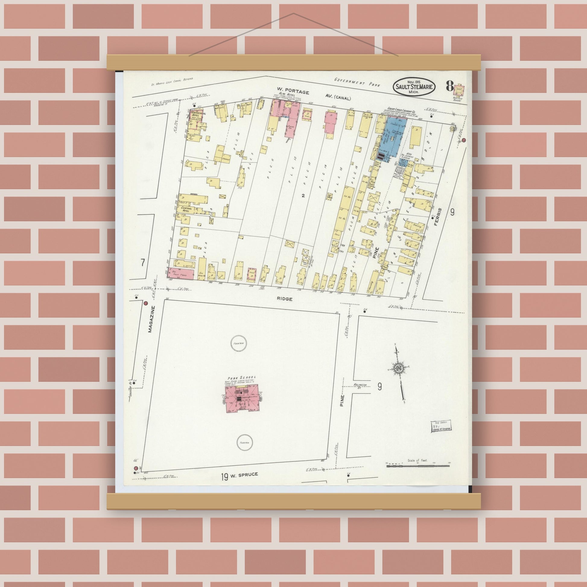 Old map wall art mockup — magnetic wood frame on brick wall — Sanborn Fire Insurance Map from Sault Sainte Marie, Chippewa County, Michigan (1915), Sheet #0008