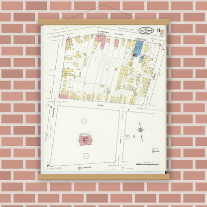 Old map wall art mockup — magnetic wood frame on brick wall — Sanborn Fire Insurance Map from Sault Sainte Marie, Chippewa County, Michigan (1915), Sheet #0008