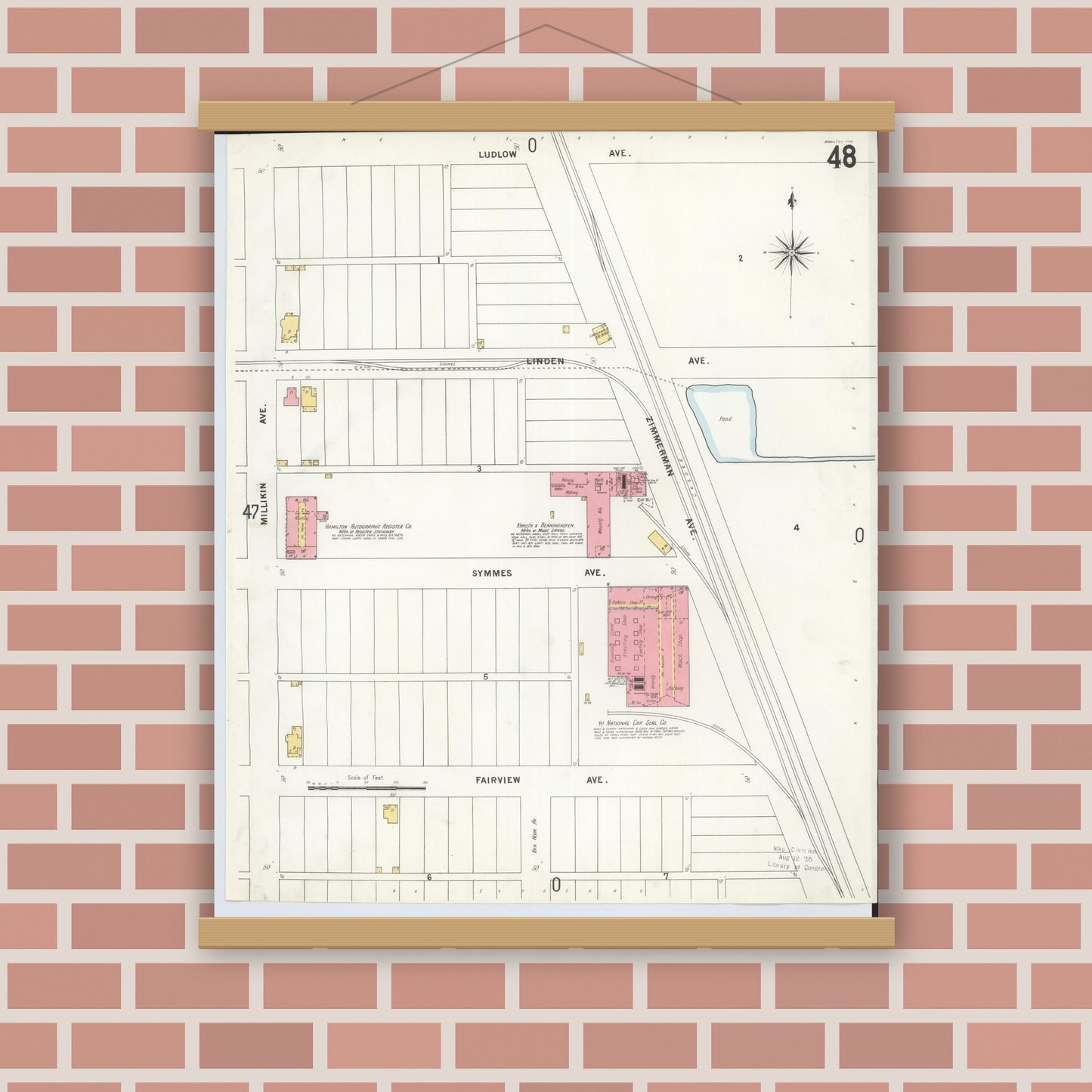 Old map wall art mockup — magnetic wood frame on brick wall — Sanborn Fire Insurance Map from Hamilton, Butler County, Ohio (1899), Sheet #0048