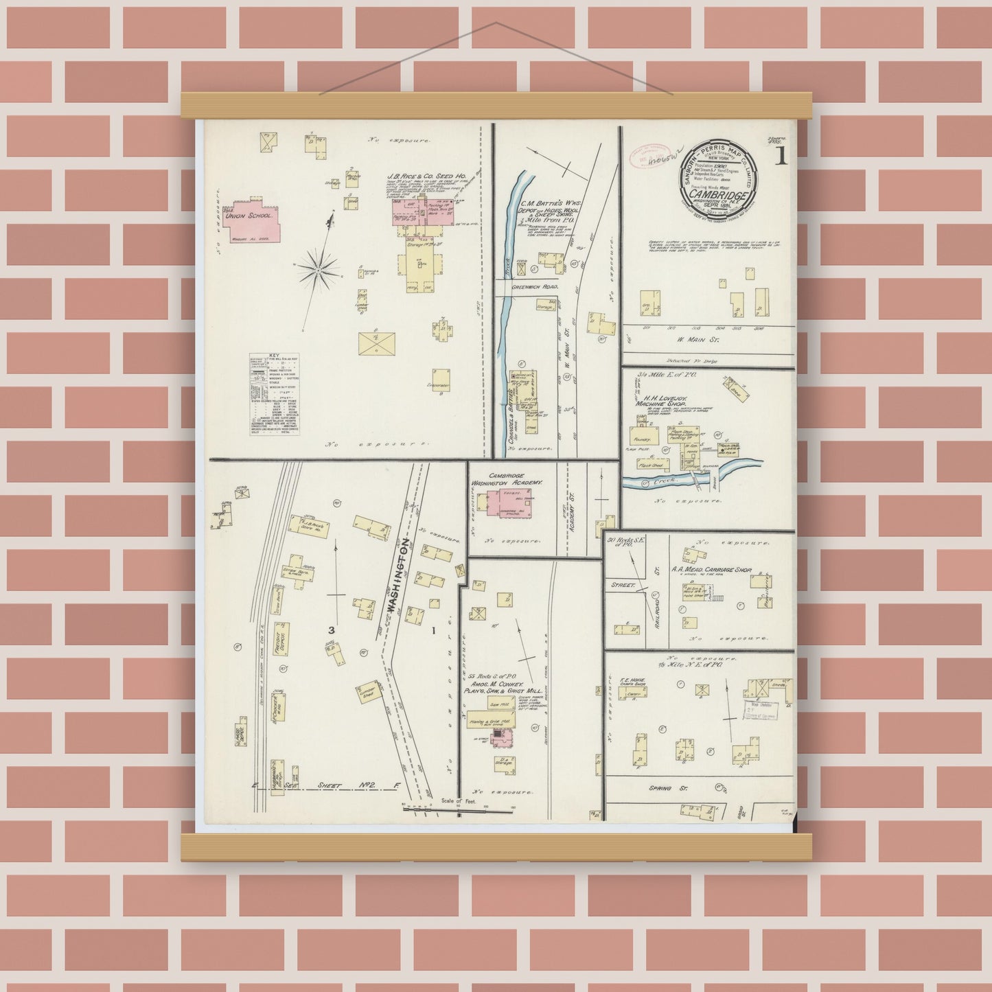 Old map wall art mockup — magnetic wood frame on brick wall — Sanborn Fire Insurance Map from Cambridge, Washington County, New York (1891) - Complete Map Set