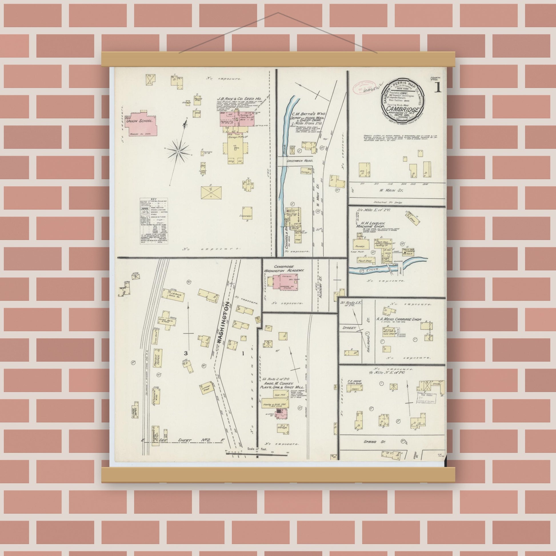 Old map wall art mockup — magnetic wood frame on brick wall — Sanborn Fire Insurance Map from Cambridge, Washington County, New York (1891) - Complete Map Set