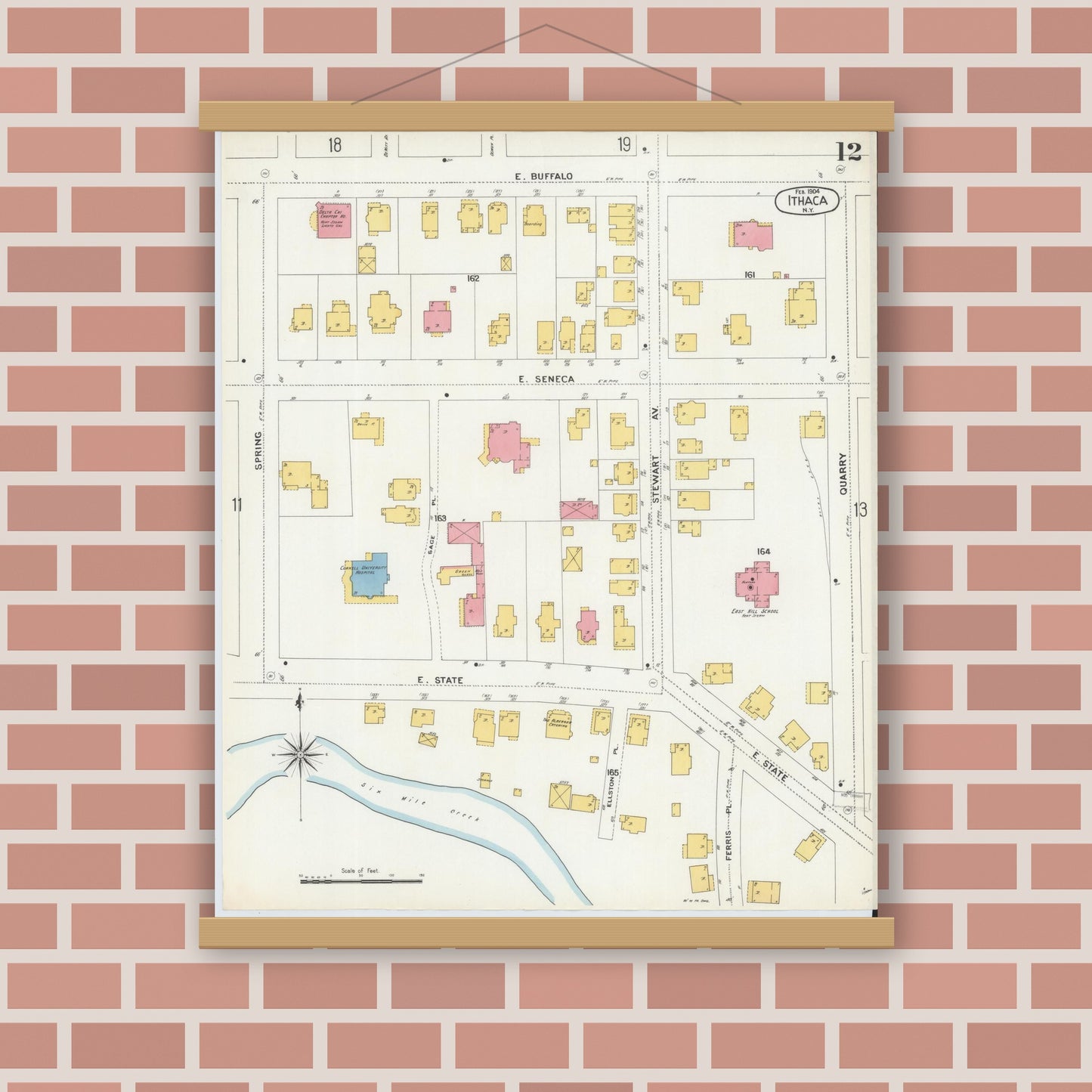 Old map wall art mockup — magnetic wood frame on brick wall — Sanborn Fire Insurance Map from Ithaca, Tompkins County, New York (1904), Sheet #0012