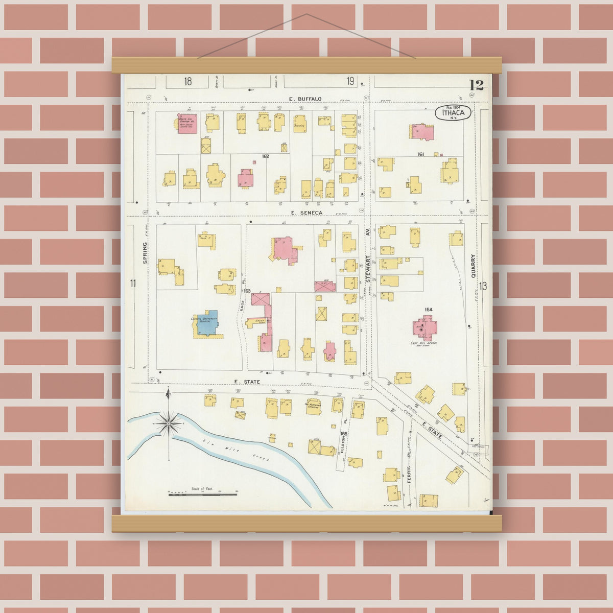 Old map wall art mockup — magnetic wood frame on brick wall — Sanborn Fire Insurance Map from Ithaca, Tompkins County, New York (1904), Sheet #0012
