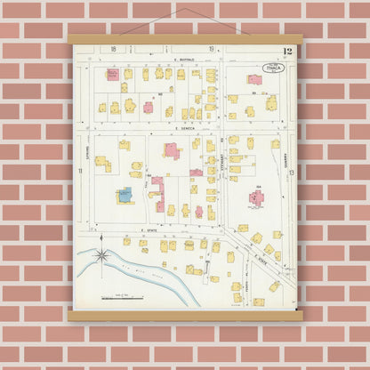 Old map wall art mockup — magnetic wood frame on brick wall — Sanborn Fire Insurance Map from Ithaca, Tompkins County, New York (1904), Sheet #0012